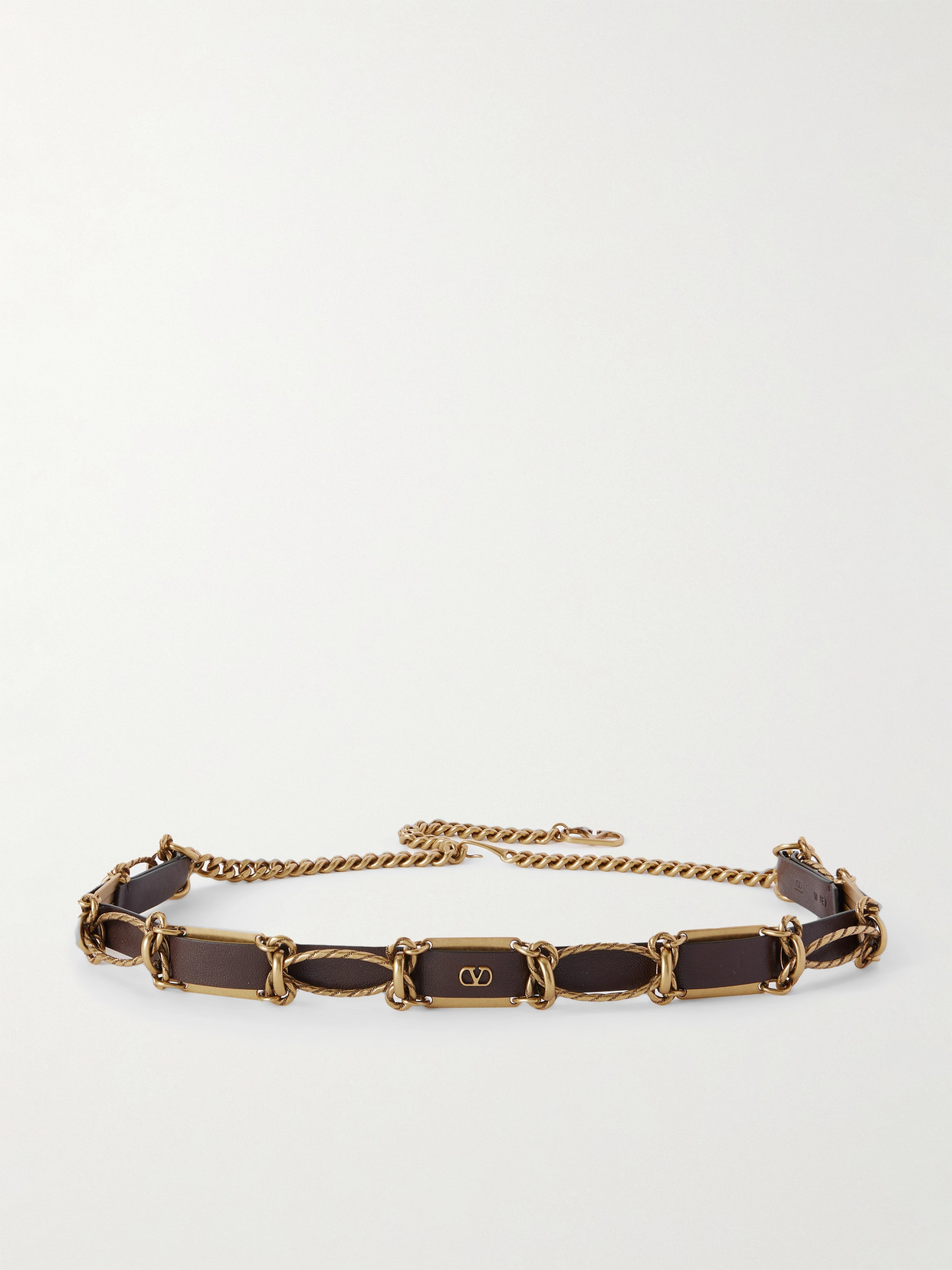 Valentino Garavani Vlogo Leather-trimmed Gold-tone Belt In Brown