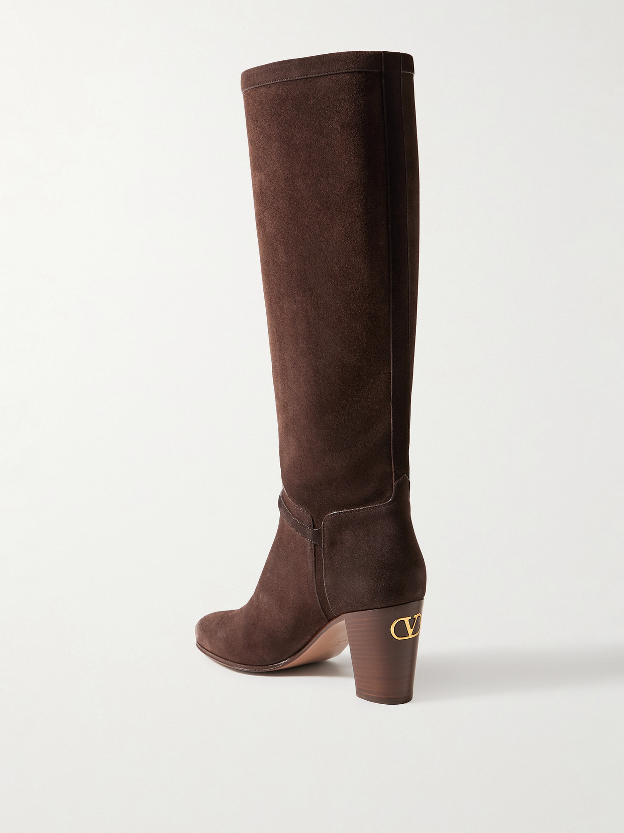 Valentino Knee-high Suede Boots With Leather Block Heel In Brown