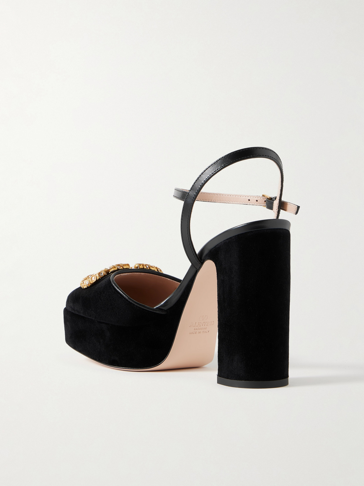 Valentino Vlogo 105 Embellished Leather-trimmed Velvet Platform Pumps In Black