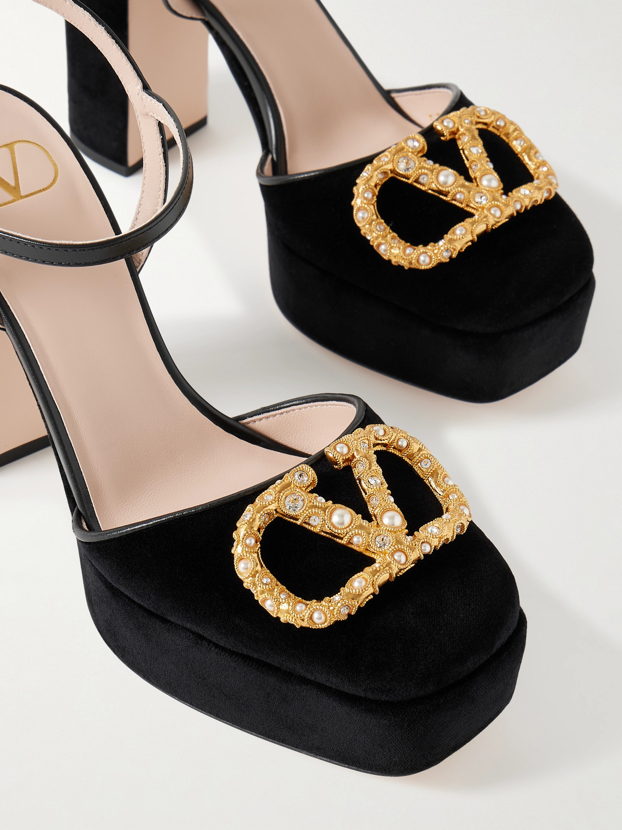 Valentino Vlogo 105 Embellished Leather-trimmed Velvet Platform Pumps In Black
