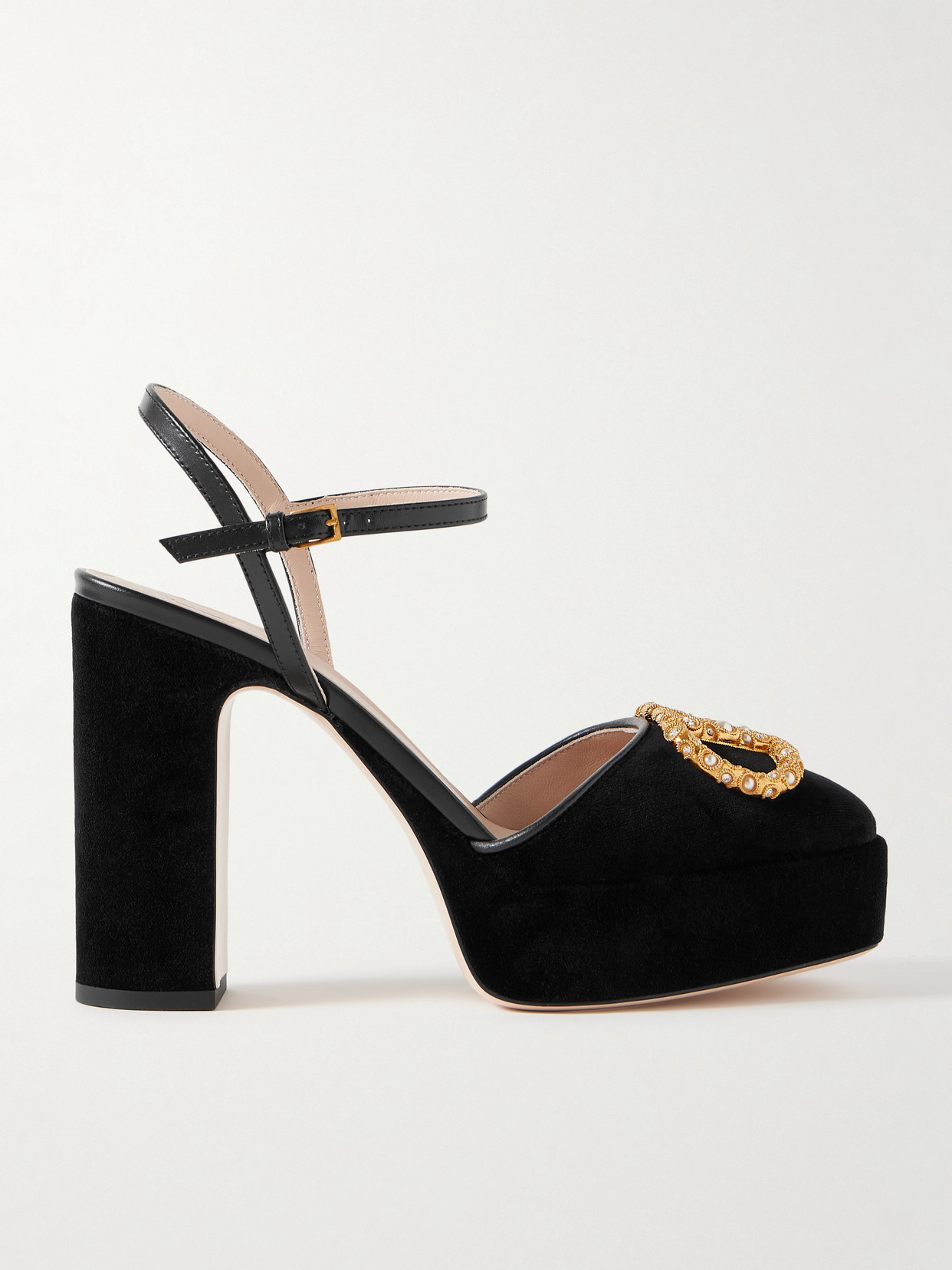 Valentino Garavani Vlogo 105 Embellished Leather-trimmed Velvet Platform Pumps In Black