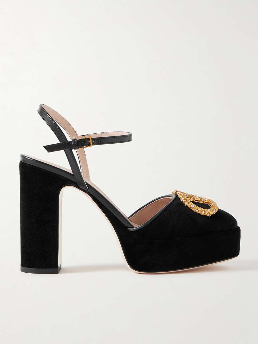 Valentino Garavani Vlogo 105 Embellished Leather-trimmed Velvet Platform Pumps