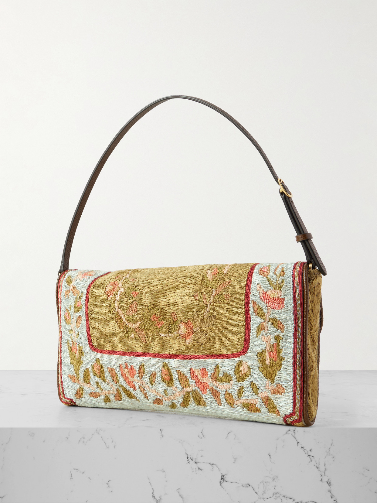 Valentino Vain Soft Embroidered Leather-trimmed Satin Shoulder Bag In Multi