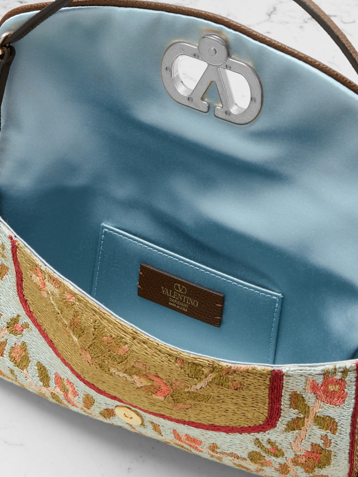 Valentino Vain Soft Embroidered Leather-trimmed Satin Shoulder Bag In Multi
