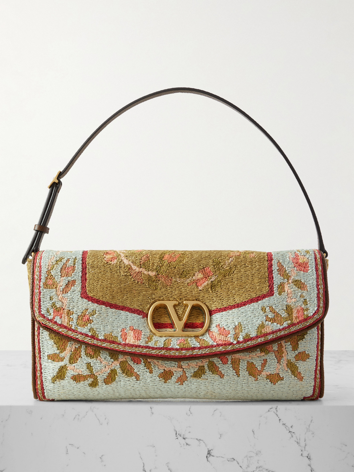 Valentino Garavani Vain Soft Embroidered Leather-trimmed Satin Shoulder Bag In Multi