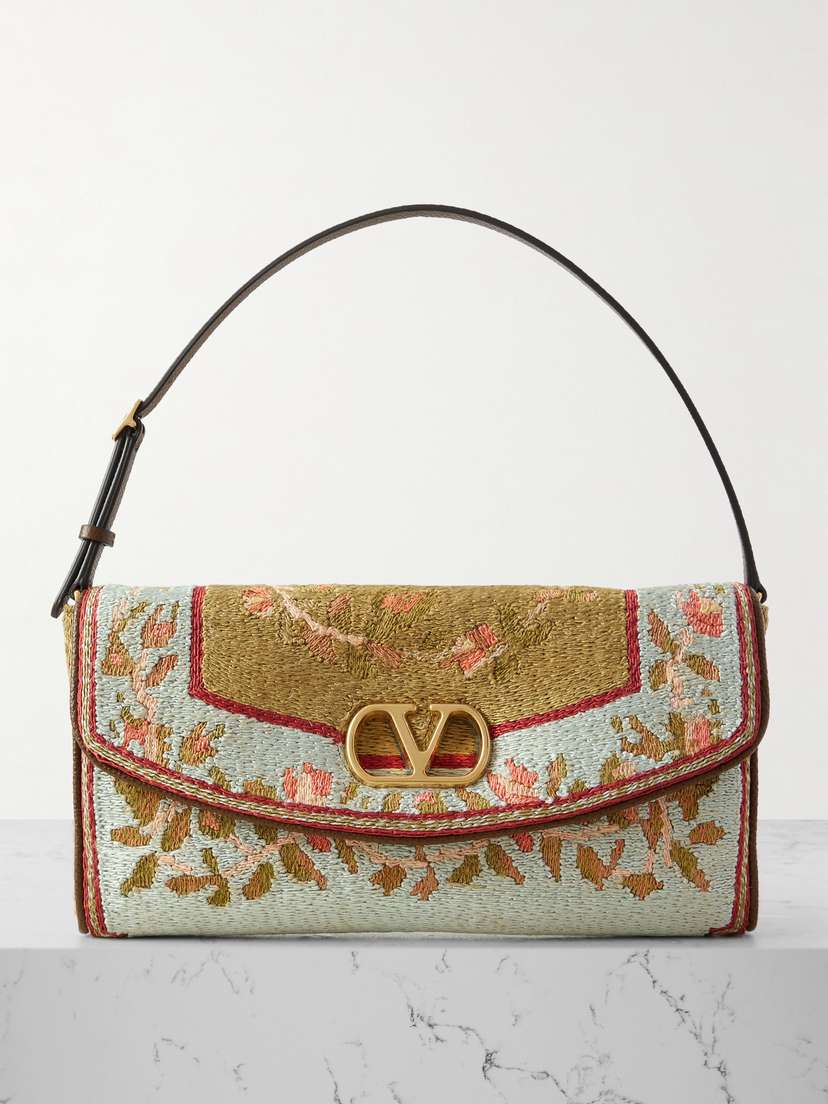 Valentino Garavani Vain Soft Embroidered Leather-trimmed Satin Shoulder Bag