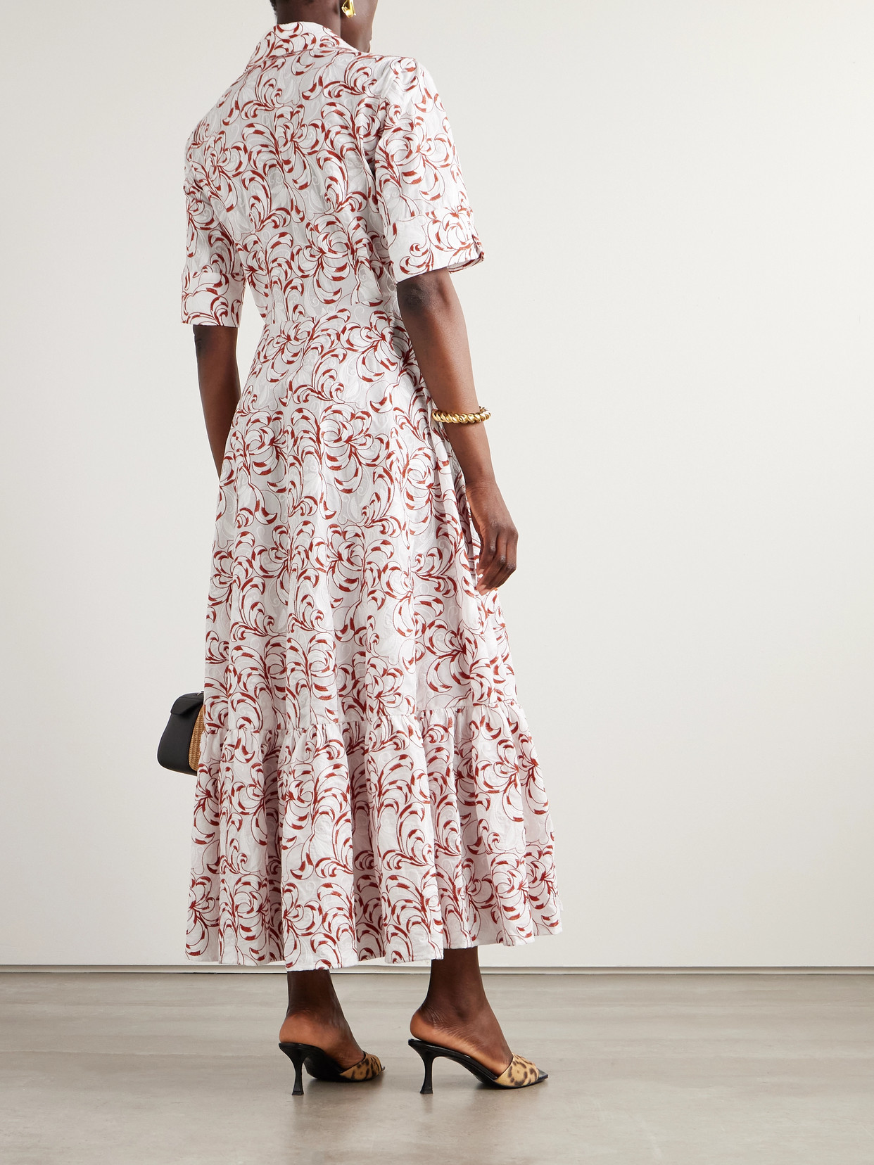 La Doublej San Pietro Tiered Embroidered Voile Maxi Shirt Dress