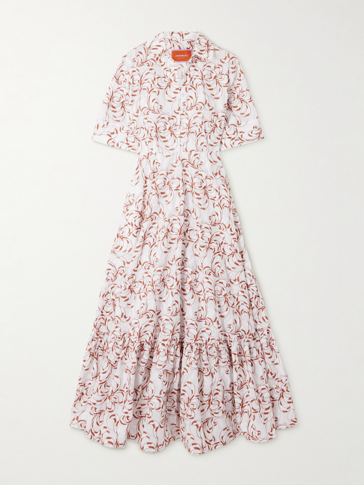 La Doublej San Pietro Tiered Embroidered Voile Maxi Shirt Dress