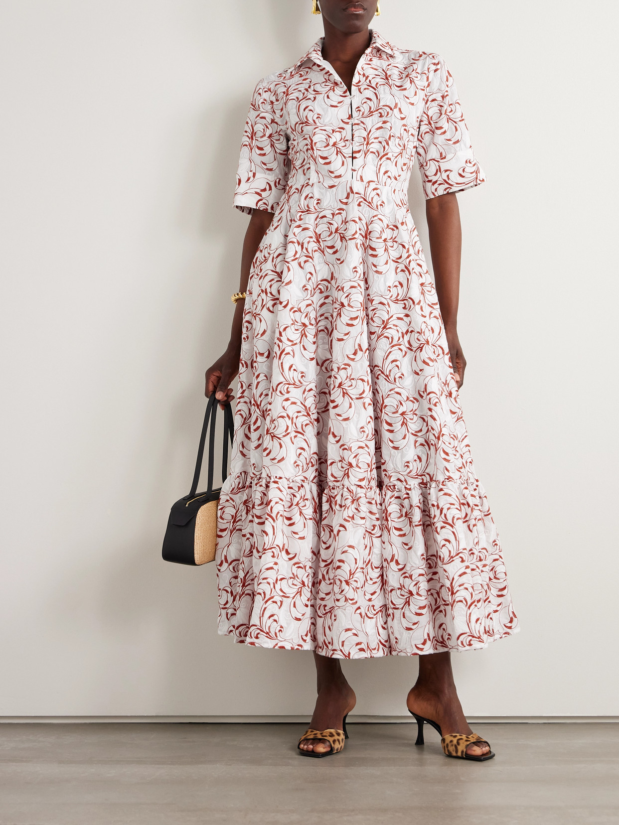 La Doublej San Pietro Tiered Embroidered Voile Maxi Shirt Dress