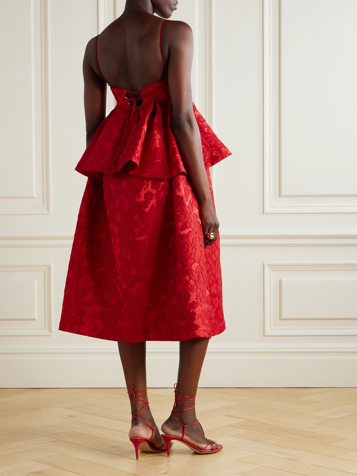 La Doublej Satine Floral-jacquard Matelassé Peplum Midi Dress