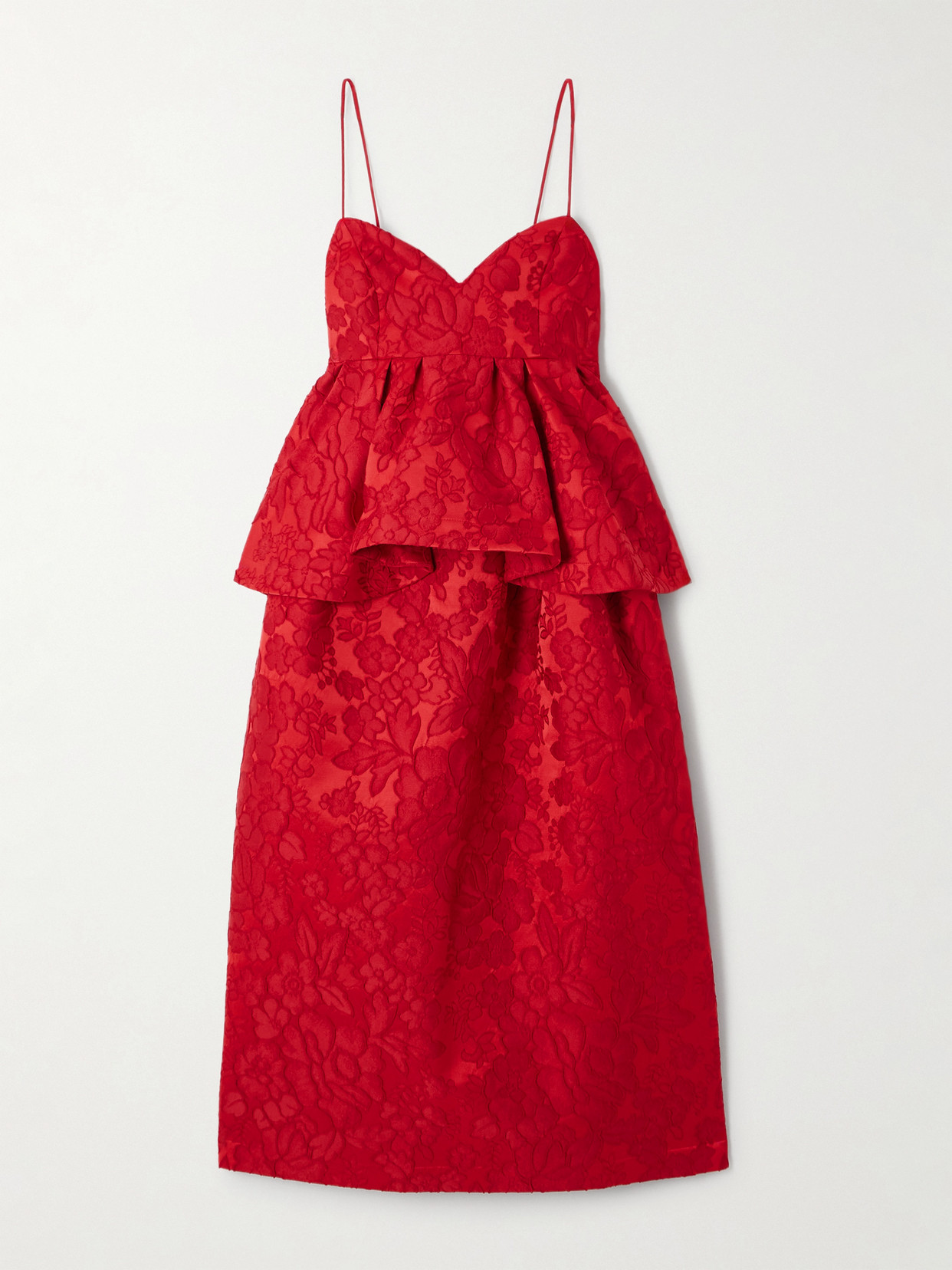 La Doublej Satine Floral-jacquard Matelassé Peplum Midi Dress