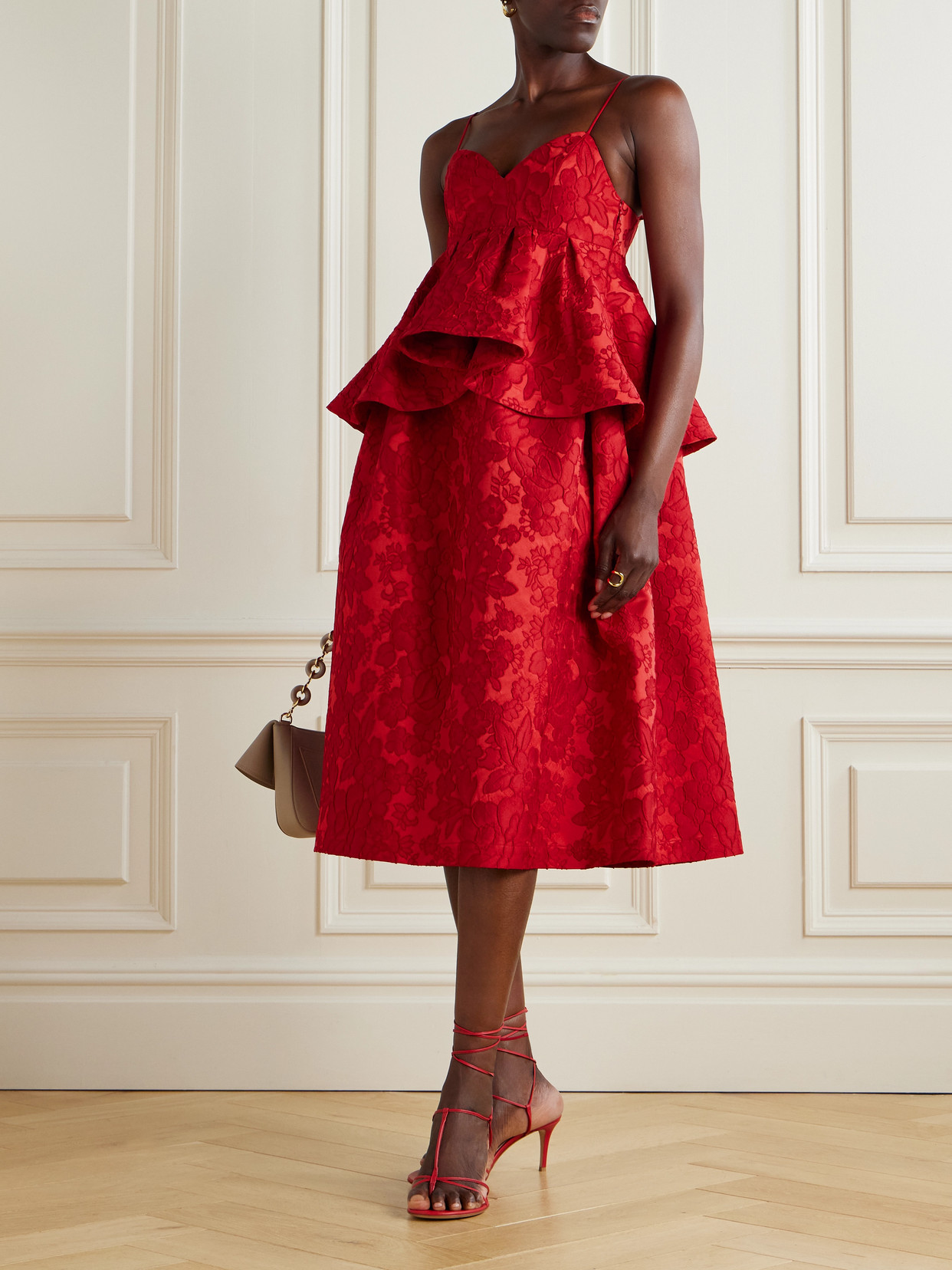 La Doublej Satine Floral-jacquard Matelassé Peplum Midi Dress