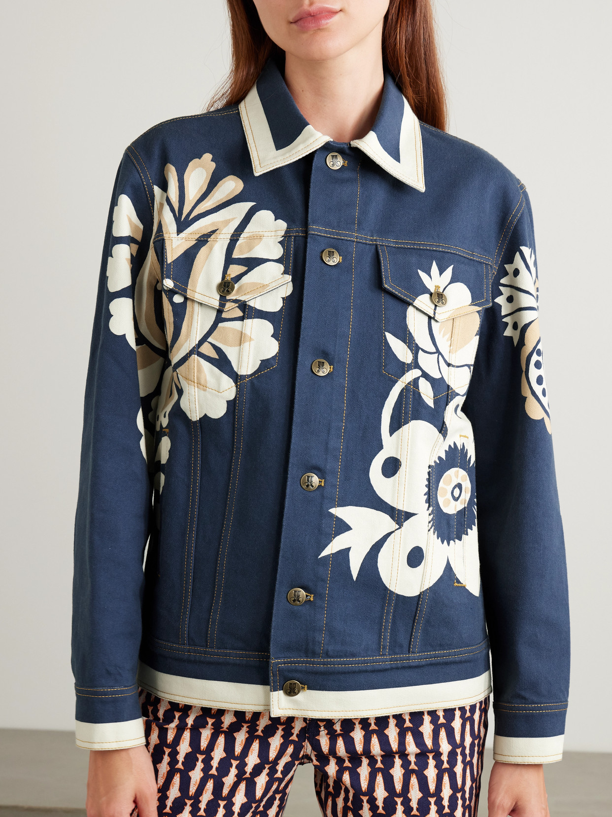 La Doublej Jj Floral-print Denim Jacket In Blue