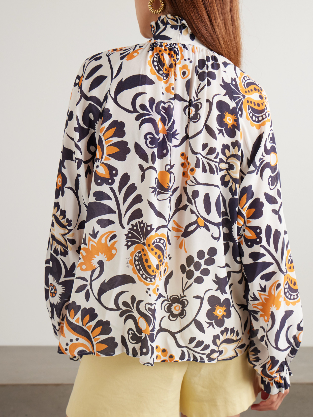 La Doublej Cerere Ruffled Tie-detailed Printed Crepe Blouse In White