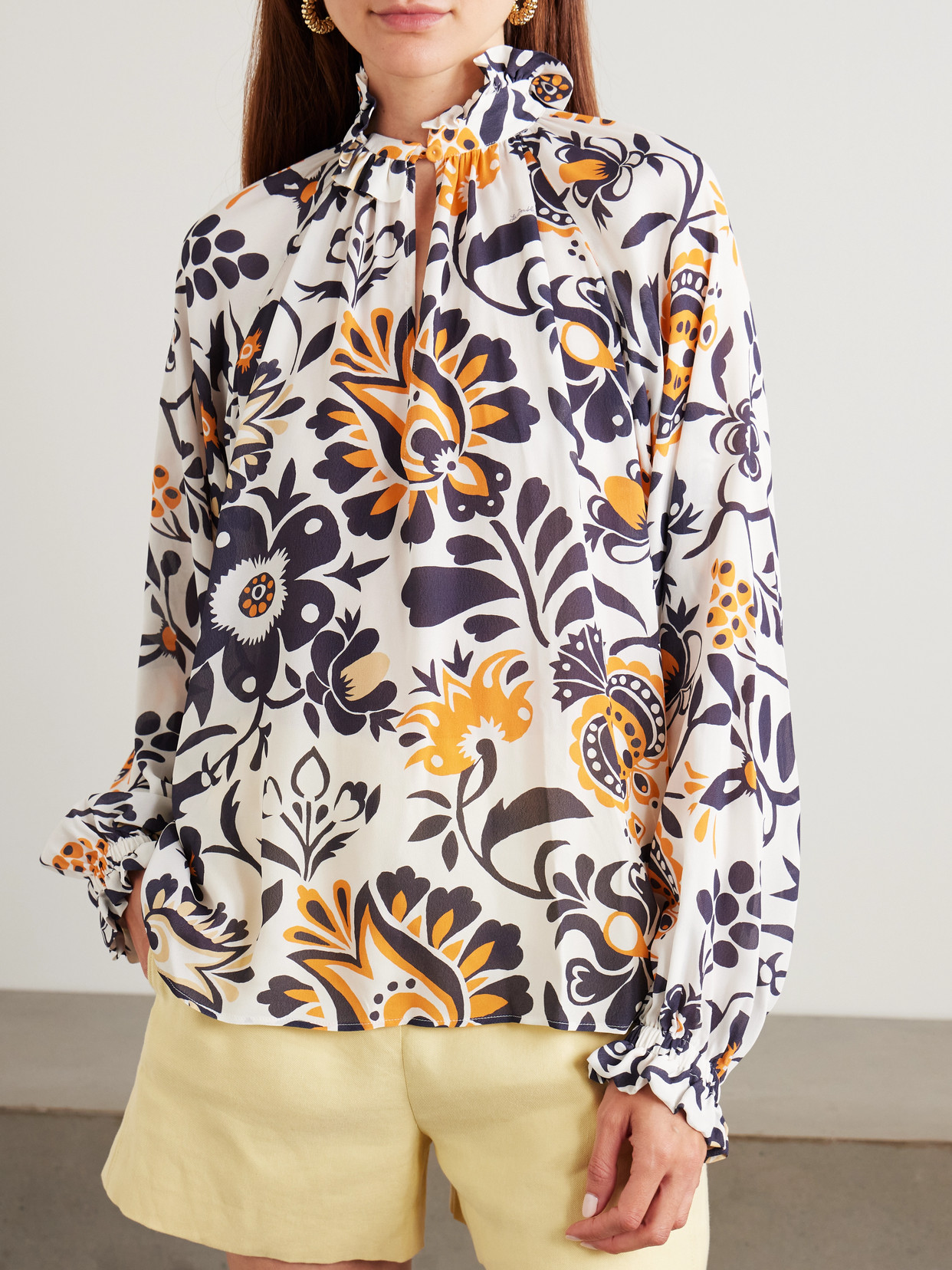 La Doublej Cerere Ruffled Tie-detailed Printed Crepe Blouse In White