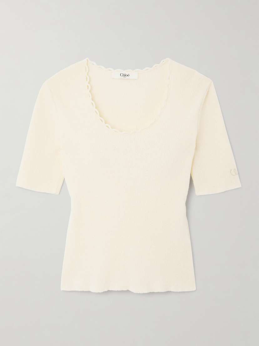 Chloé Picot-trimmed Ribbed Cotton-blend Bouclé T-shirt