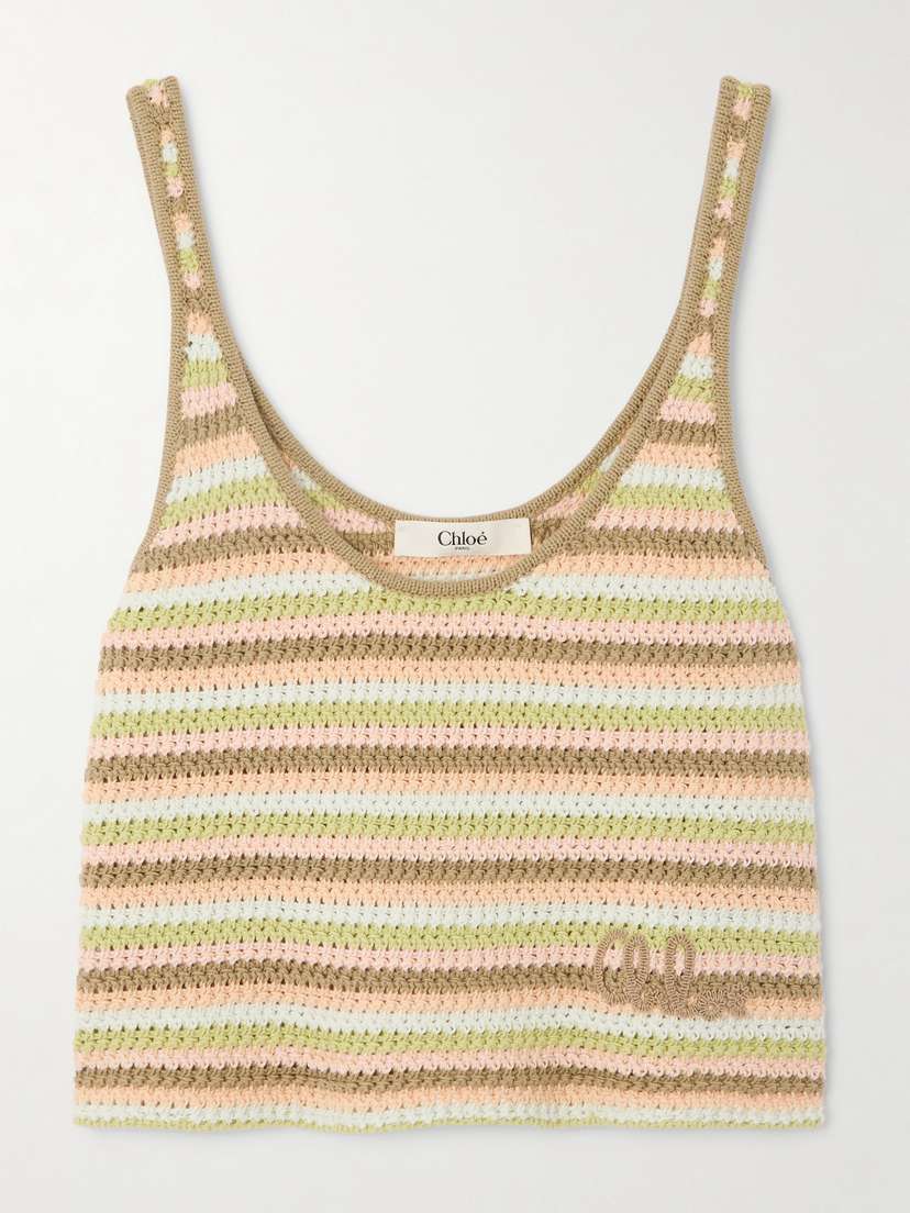 Chloé Cropped Embroidered Striped Crocheted Cotton Tank