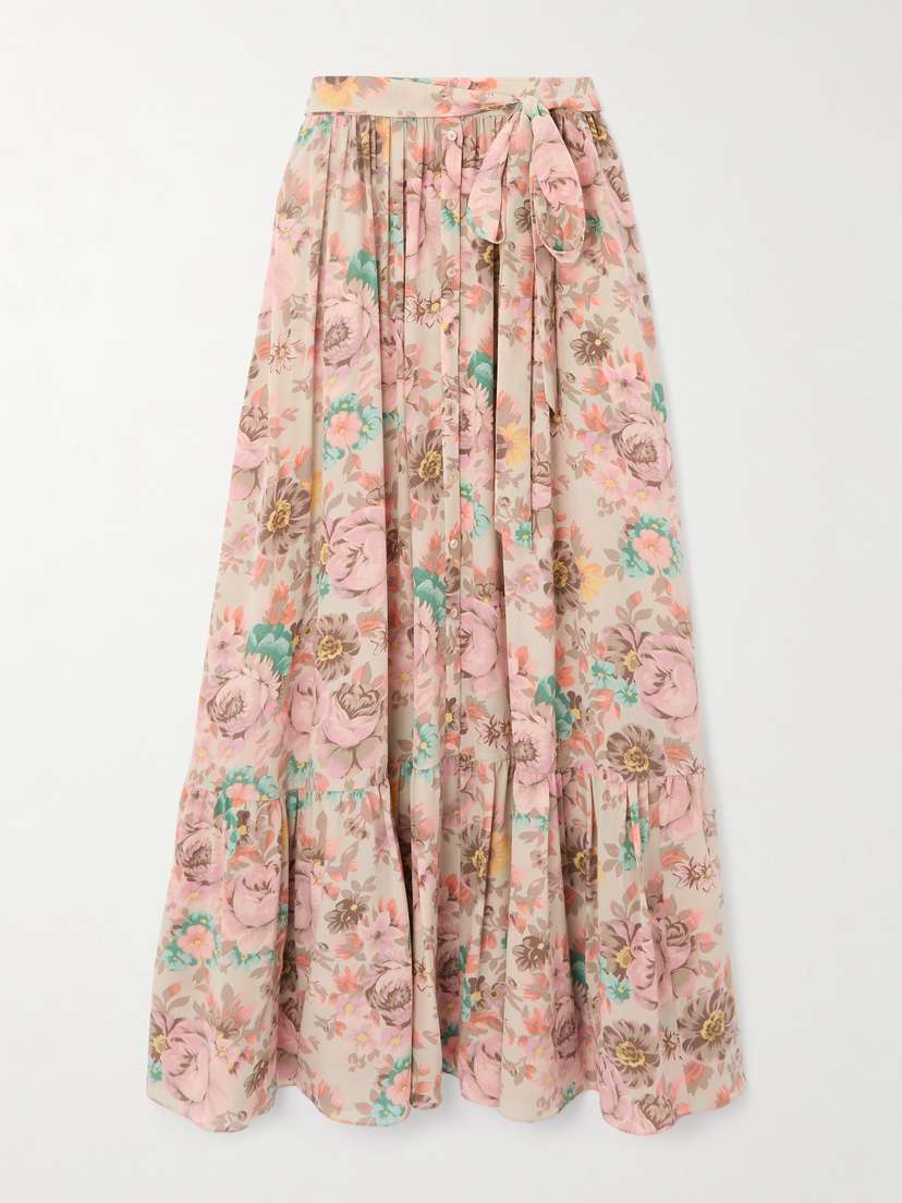 Chloé Belted Floral-print Silk Crepe De Chine Maxi Skirt