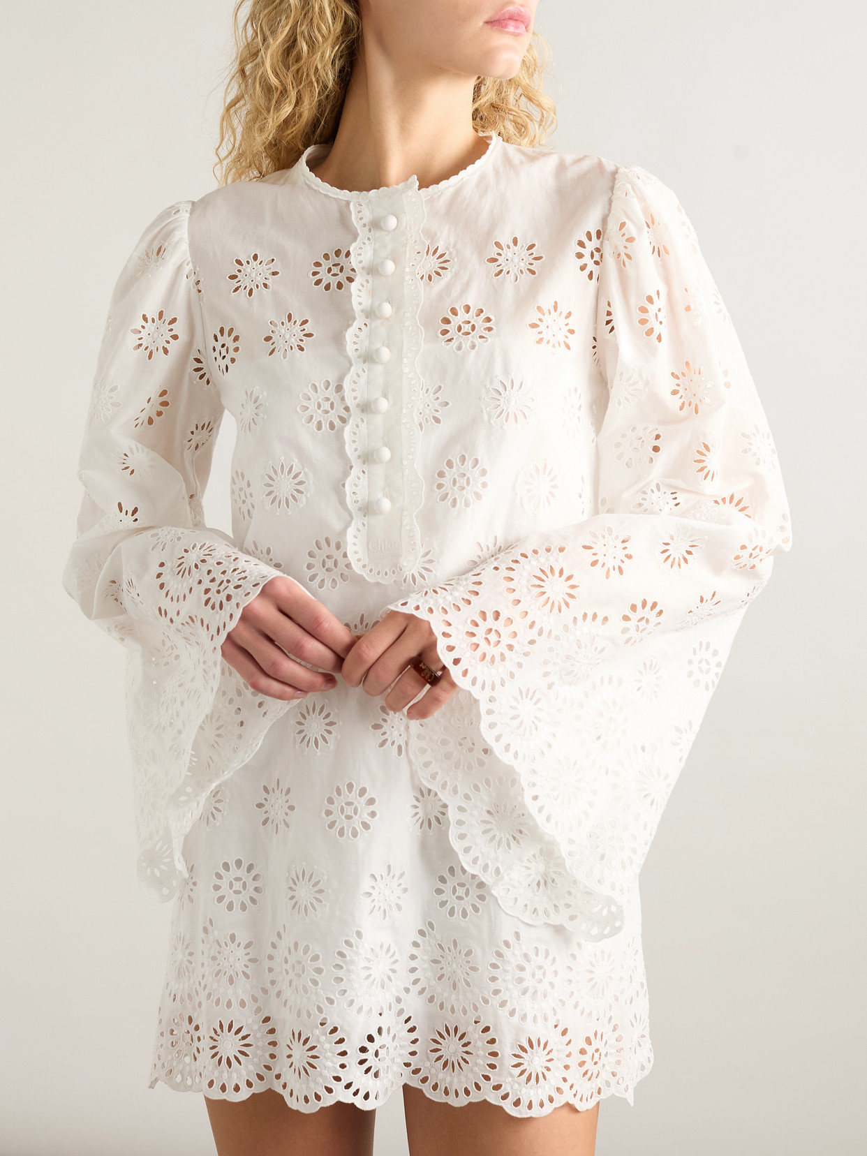 Chloé Scalloped Broderie Anglaise Cotton-blend Mini Dress In White