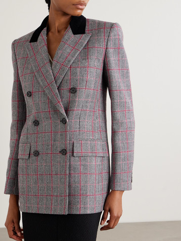 Chloé Double-breasted velvet-trimmed checked wool blazer