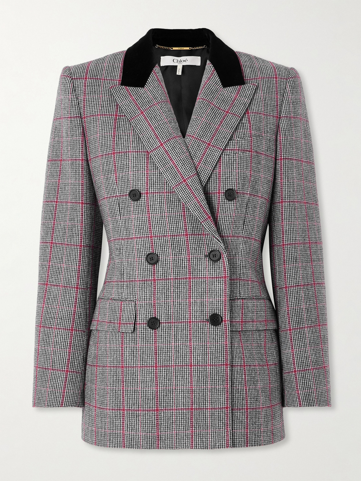 Chloé Double-breasted Velvet-trimmed Checked Wool Blazer In Gray