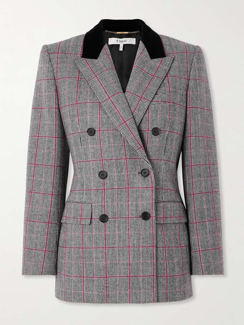 Chloé Double-breasted Velvet-trimmed Checked Wool Blazer