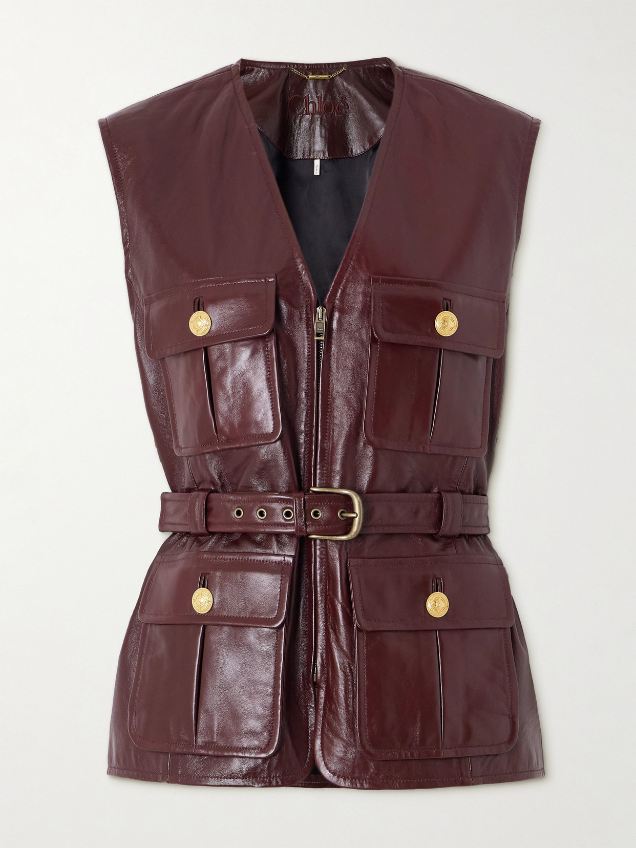 Chloé Leather Belted Waist Sleeveless Jacket In Burgundy