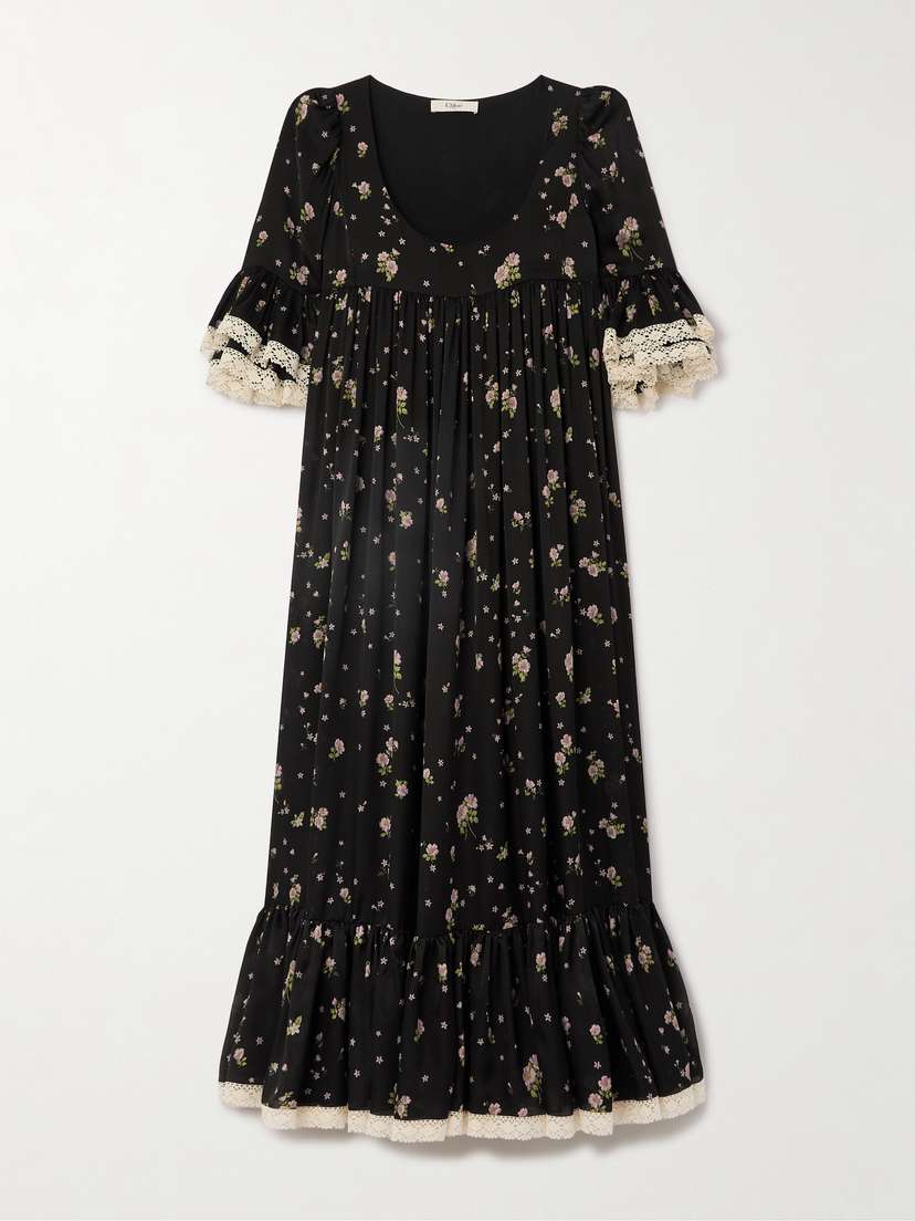 Chloé Lace-trimmed Gathered Floral-print Silk-charmeuse Midi Dress