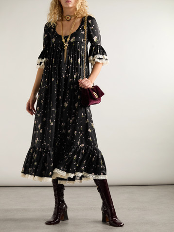Chloé Lace-trimmed gathered floral-print silk-charmeuse midi dress
