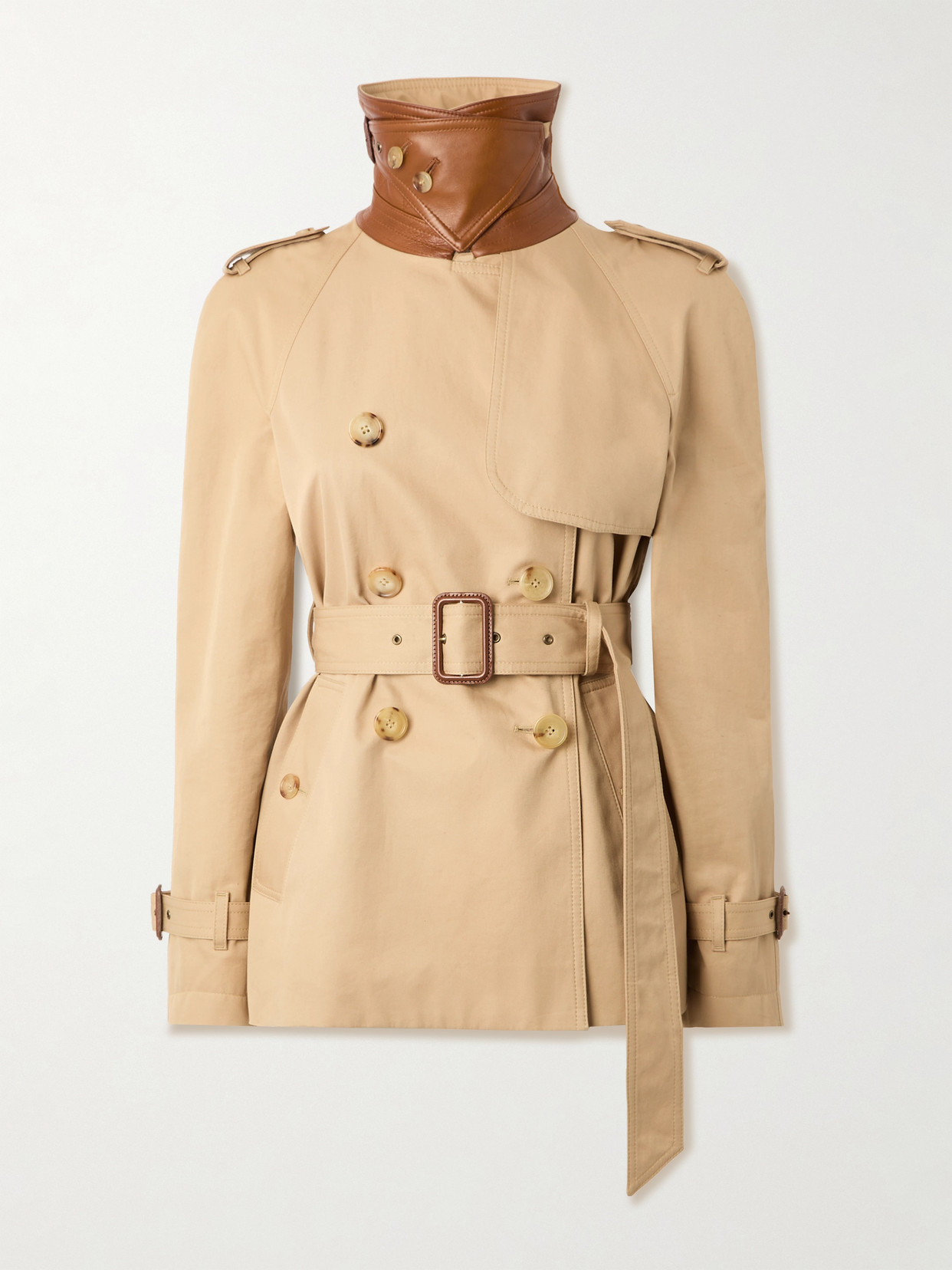 Chloé Double-breasted Leather-trimmed Cotton-gabardine Trench Coat In Brown