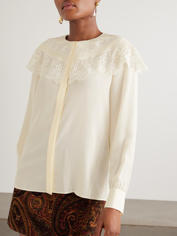 Chloé Lace-trimmed organic silk crepe de chine blouse