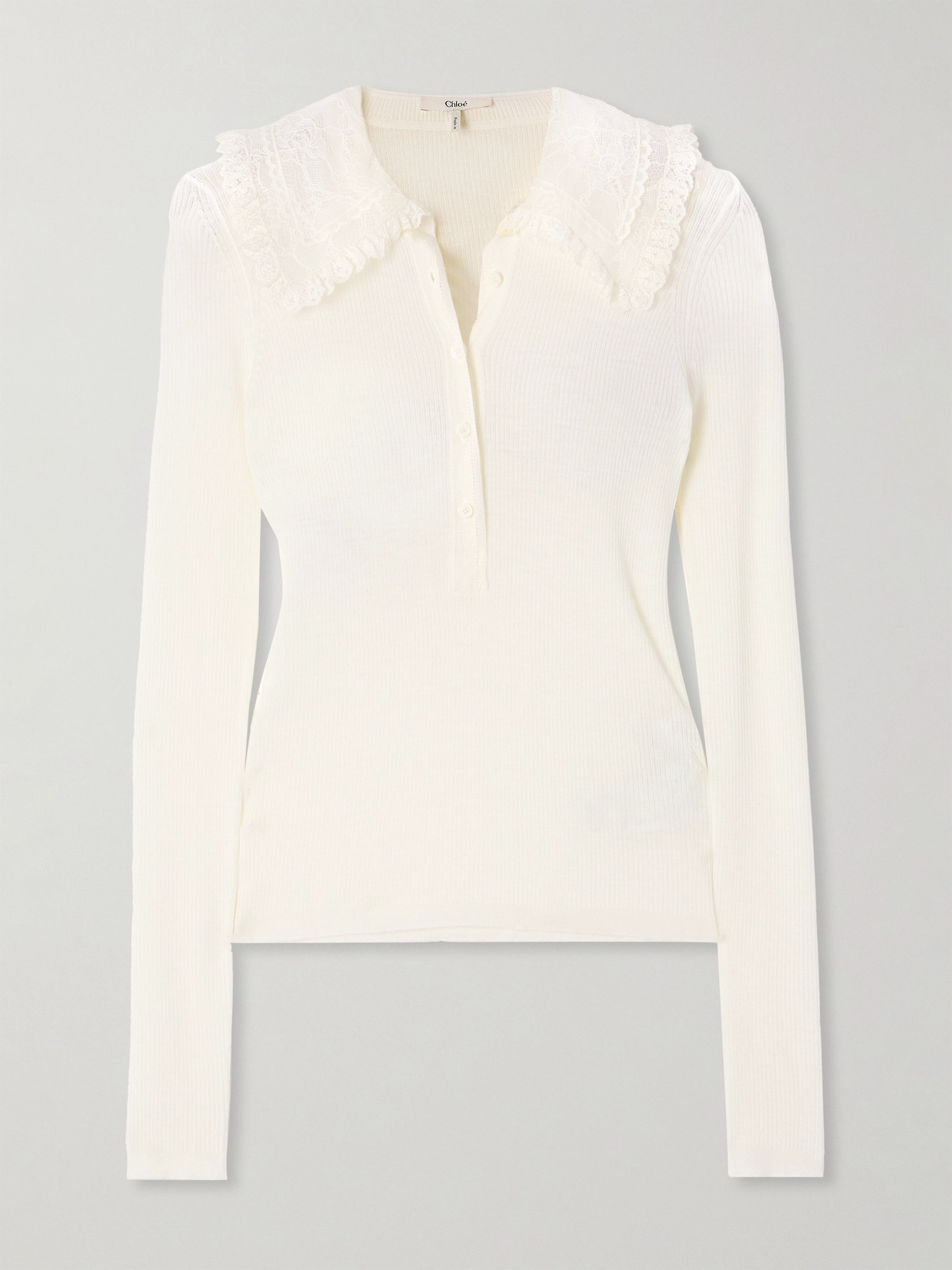 Chloé Lace-trimmed Ribbed Wool Polo Shirt