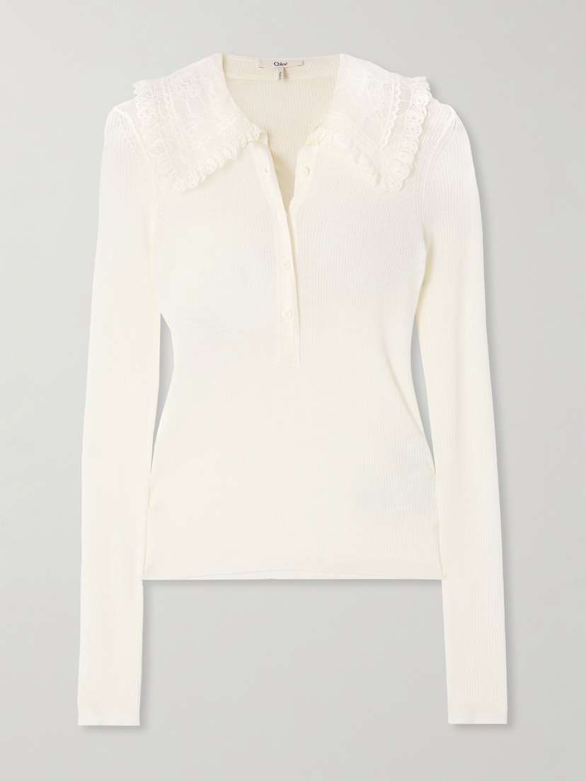 Chloé Lace-trimmed Ribbed Wool Polo Shirt