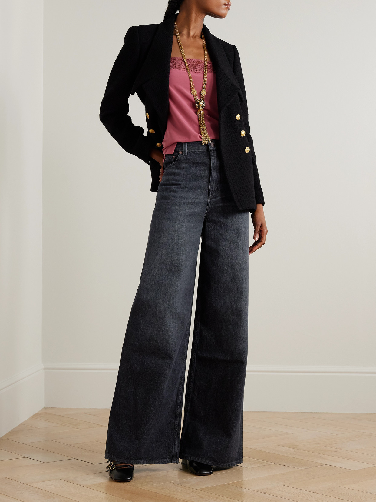 Chloé Leather-trimmed High-rise Wide-leg Jeans