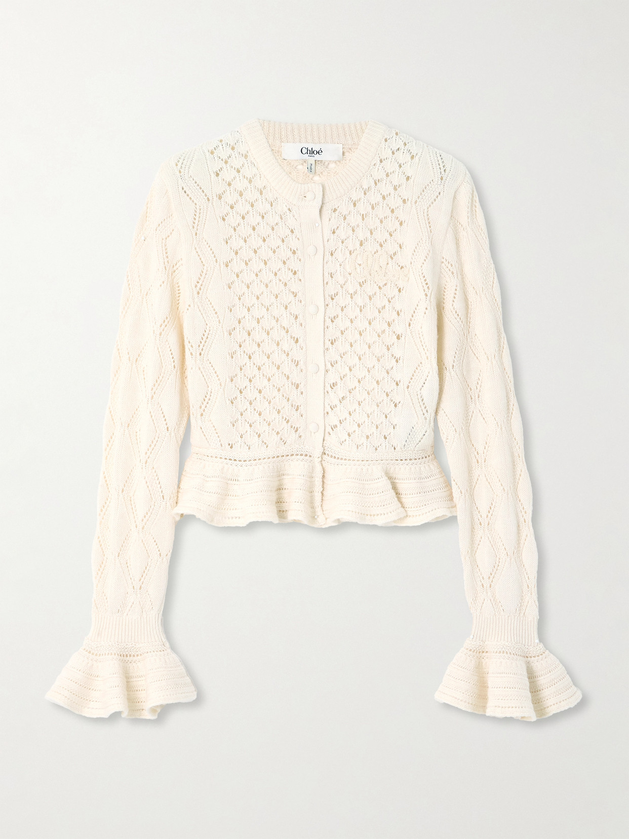 Chloé Cropped Ruffled Pointelle-knit Cotton, Alpaca And Silk-blend Cardigan