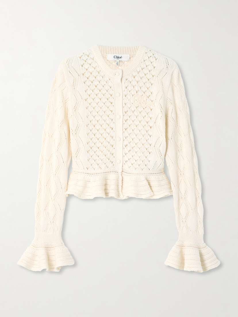Chloé Cropped Ruffled Pointelle-knit Cotton, Alpaca And Silk-blend Cardigan