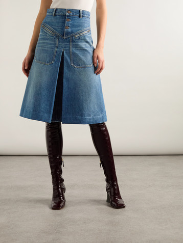 Chloé Pleated paneled denim midi skirt