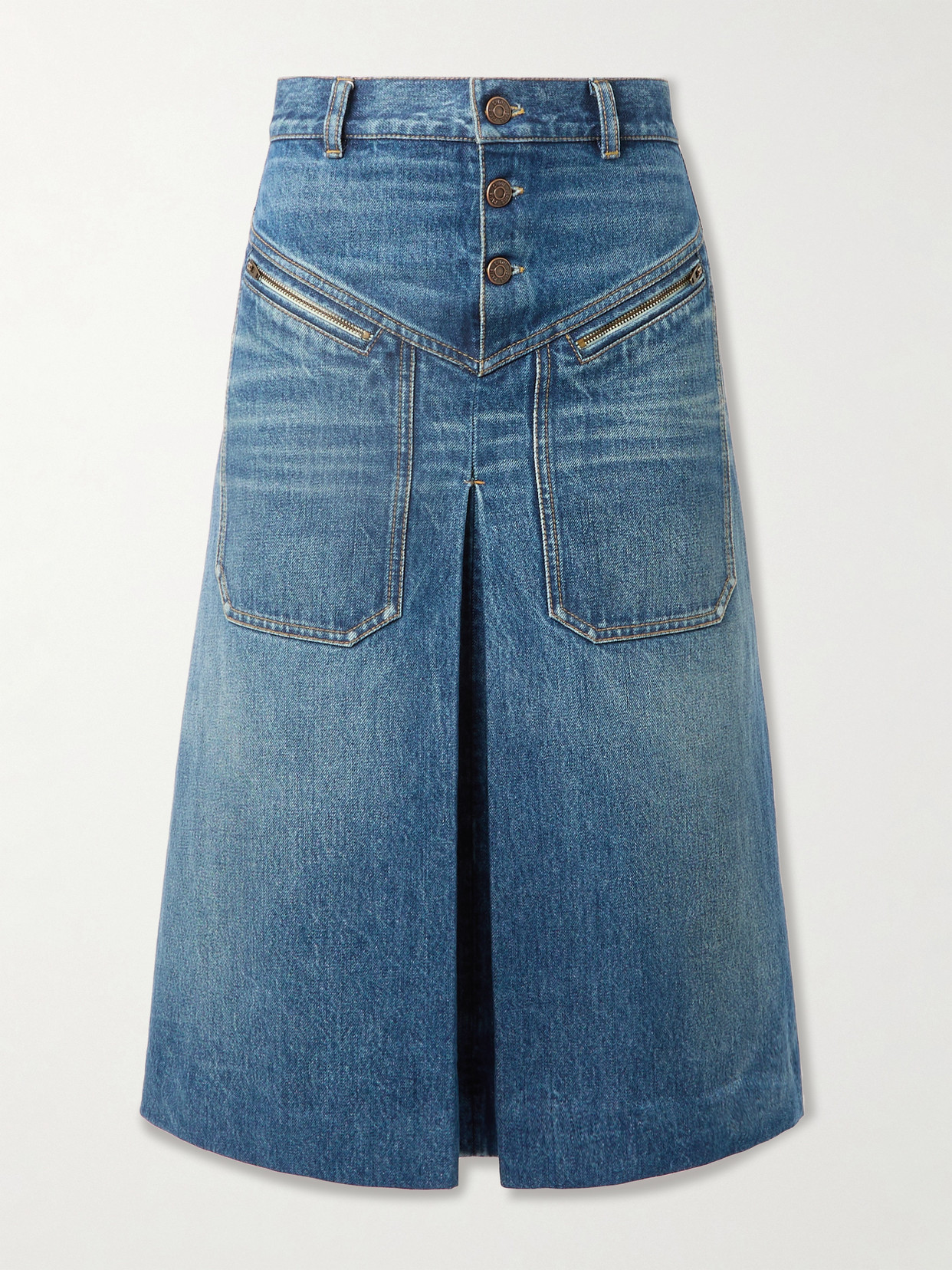 Chloé Pleated Paneled Denim Midi Skirt