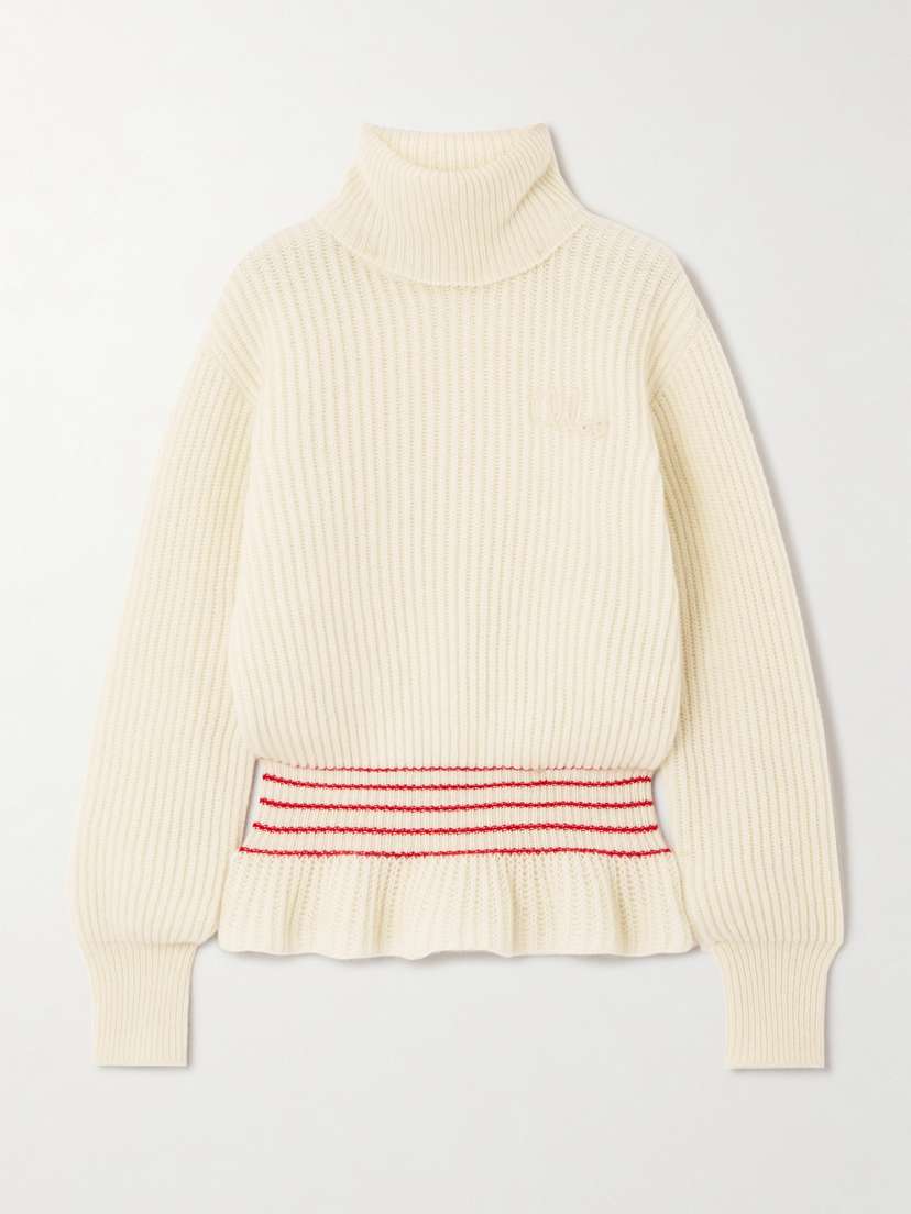 Chloé Turtleneck Striped Ribbed Wool And Mohair-blend Peplum Sweater