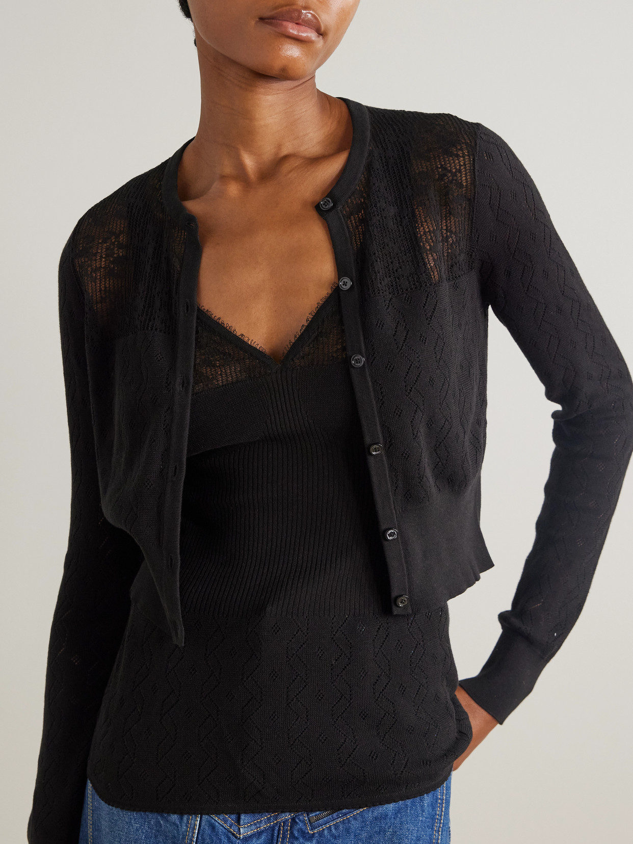 Chloé Pointelle-knit Cotton Tank And Cardigan Set In Black