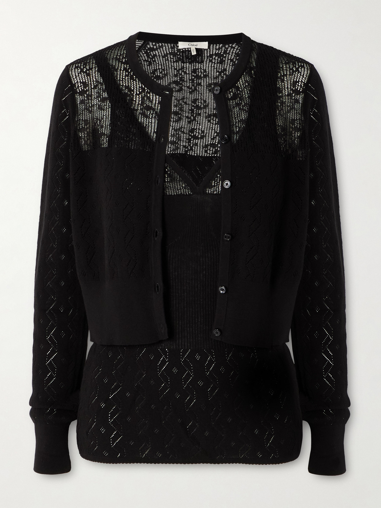 Chloé Pointelle-knit Cotton Tank And Cardigan Set In Black