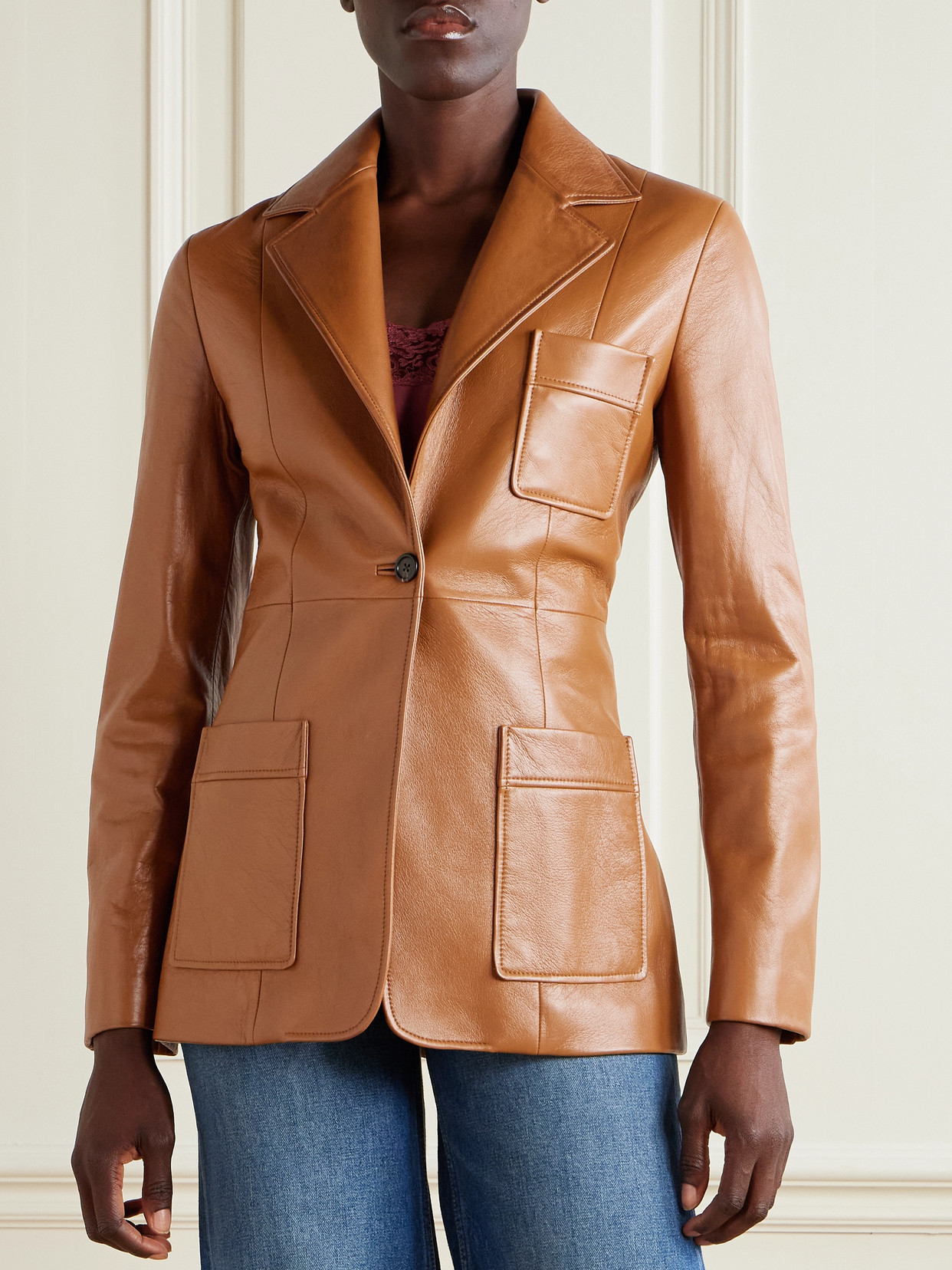 Chloé Structured Leather Blazer Notched Lapel In Brown