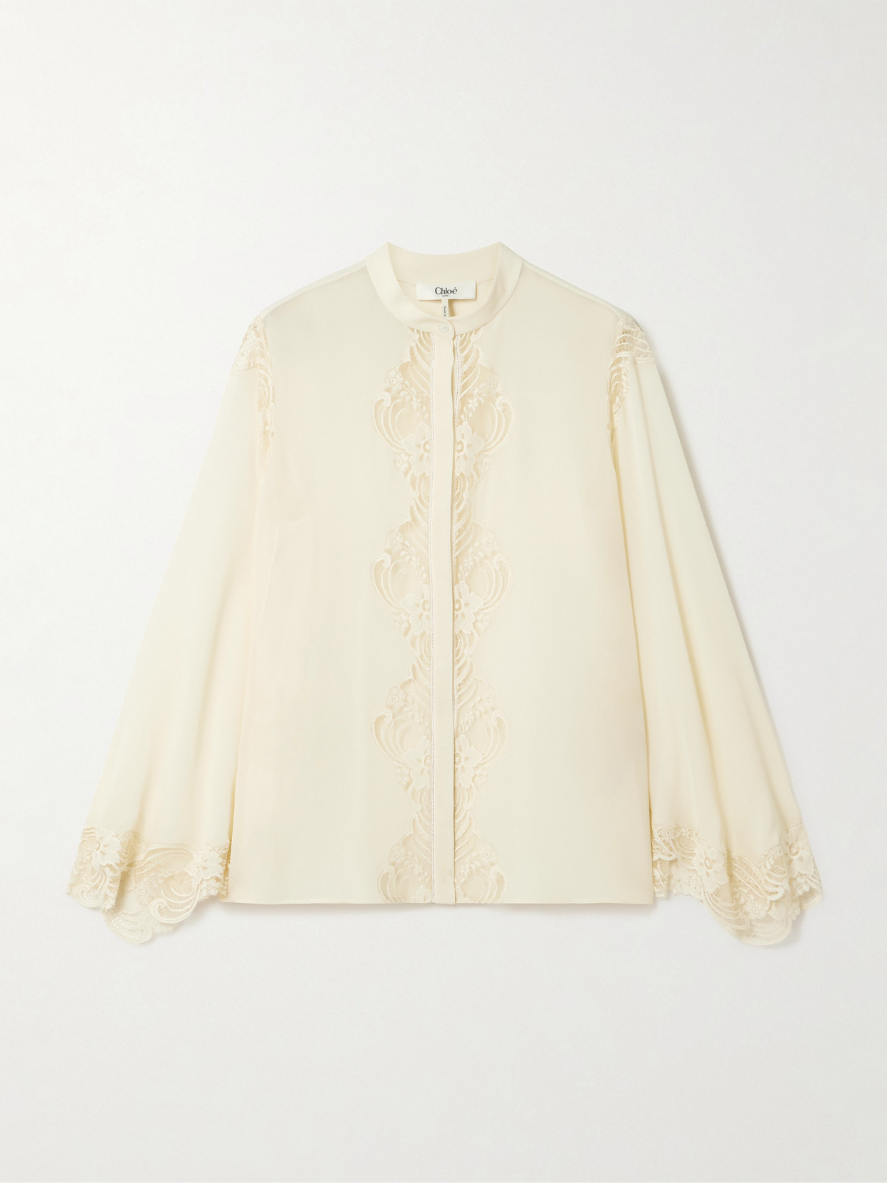 Chloé Embroidered Lace-trimmed Organic Silk-georgette Blouse In Neutral