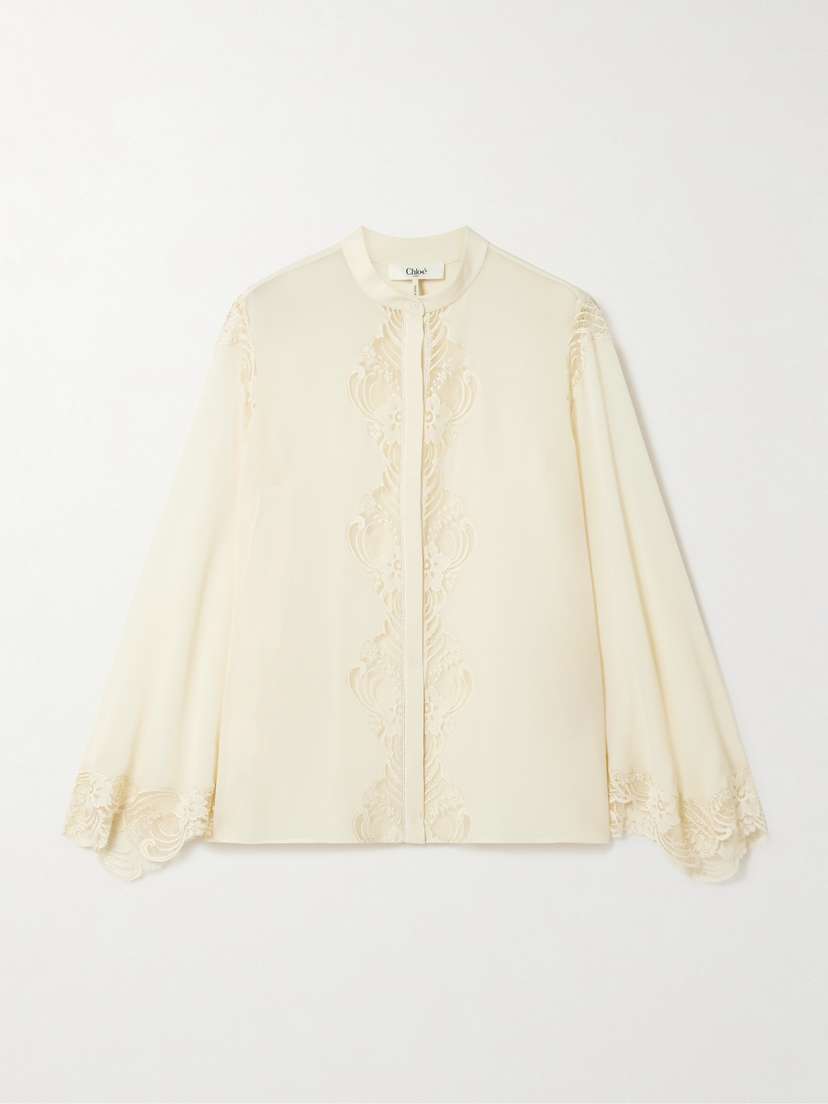 Chloé Embroidered Lace-trimmed Organic Silk-georgette Blouse