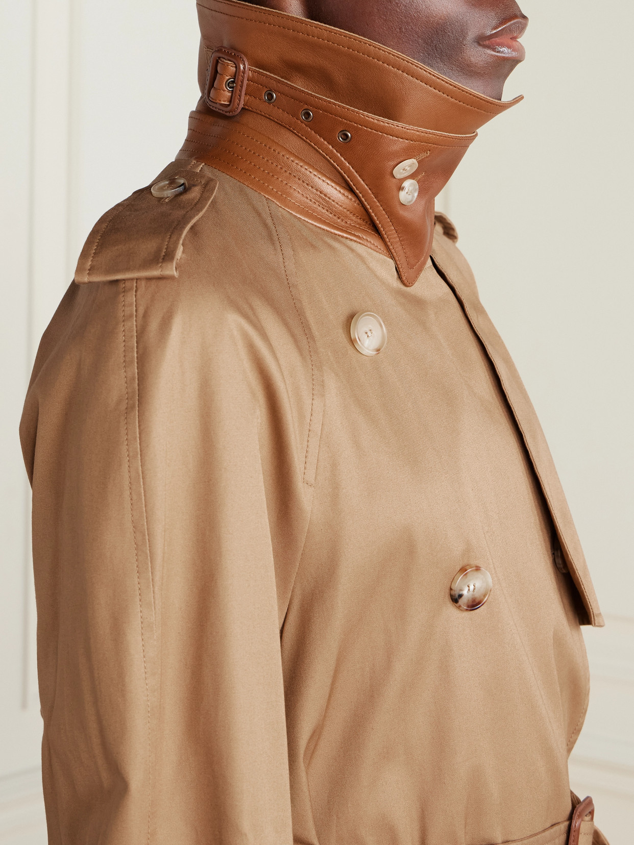 Chloé Double-breasted Leather-trimmed Cotton-gabardine Trench Coat In Brown