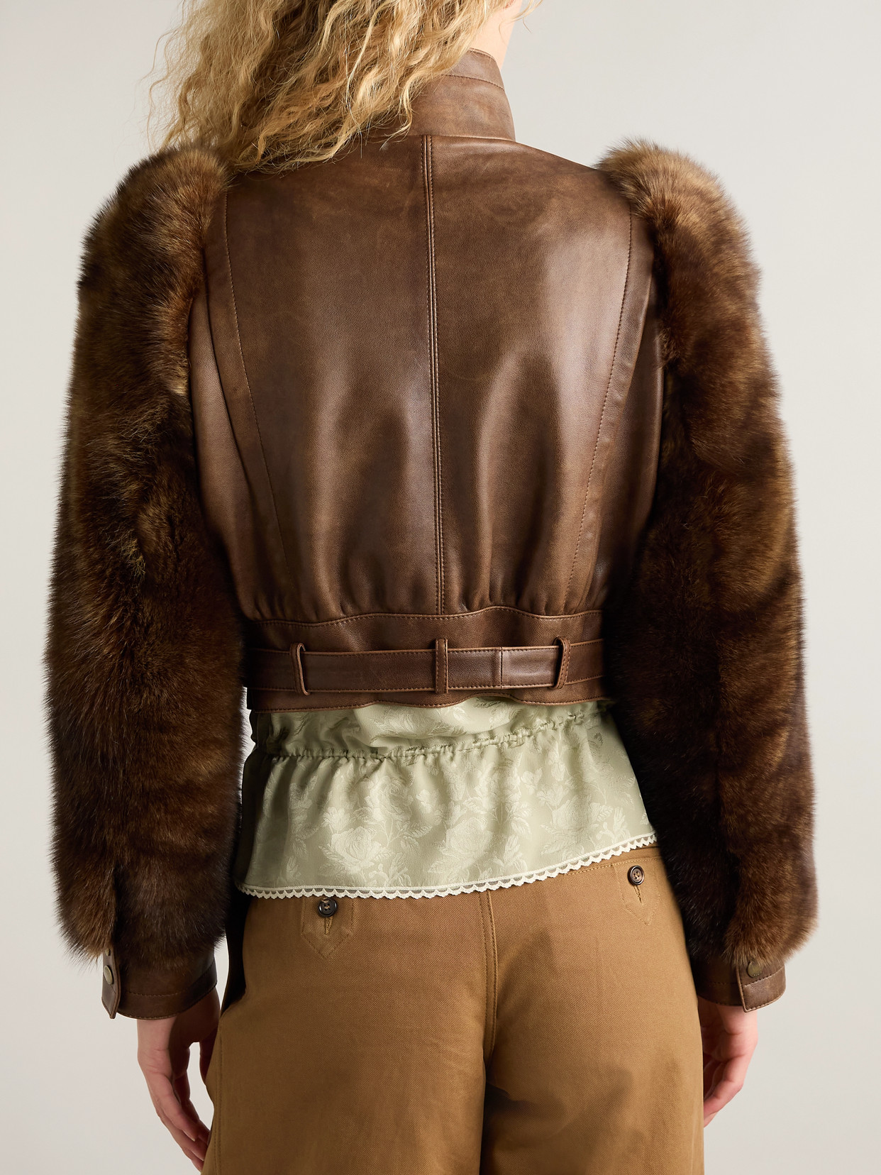 Chloé Leather Jacket With Belted Waist And Fur Sleeves In Brown