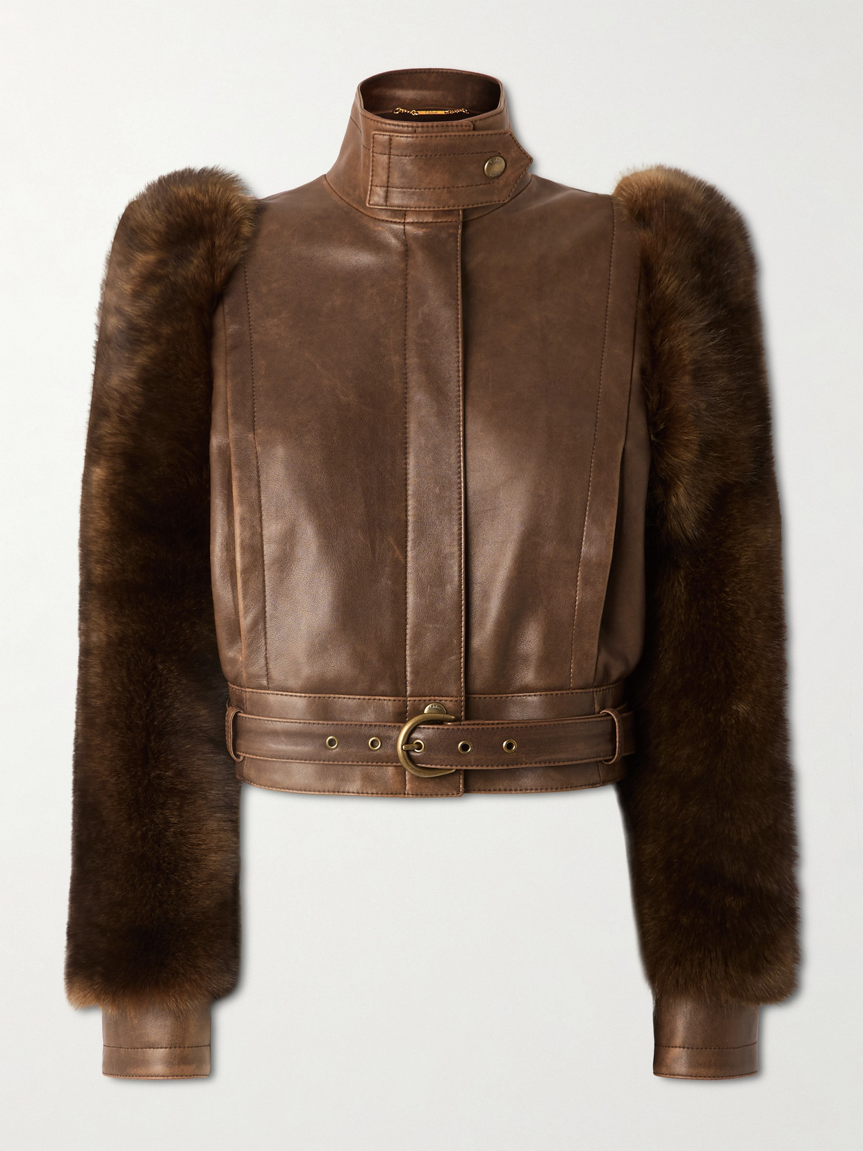 Chloé Leather Jacket With Belted Waist And Fur Sleeves In Brown