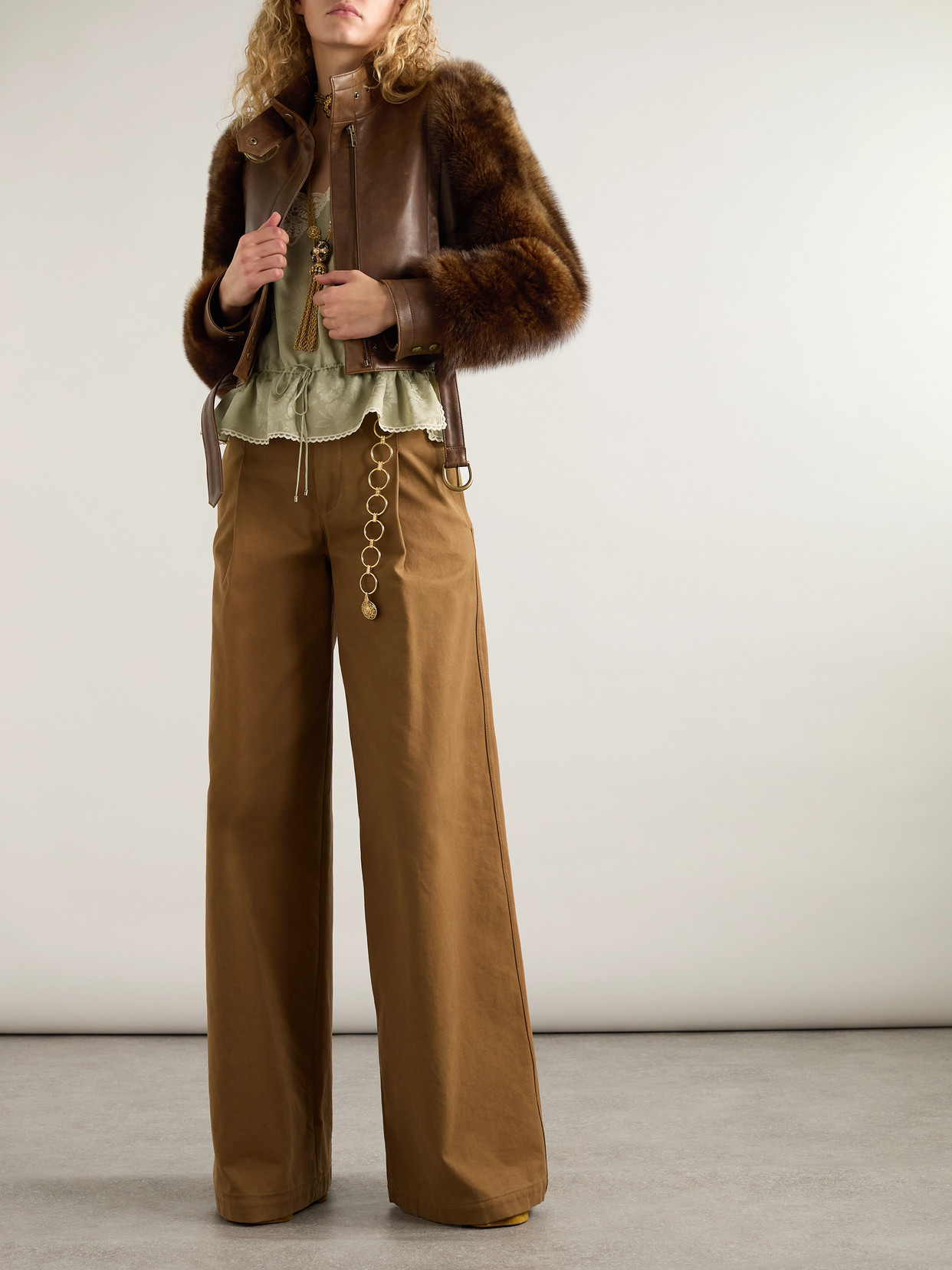 Chloé Leather Jacket With Belted Waist And Fur Sleeves In Brown