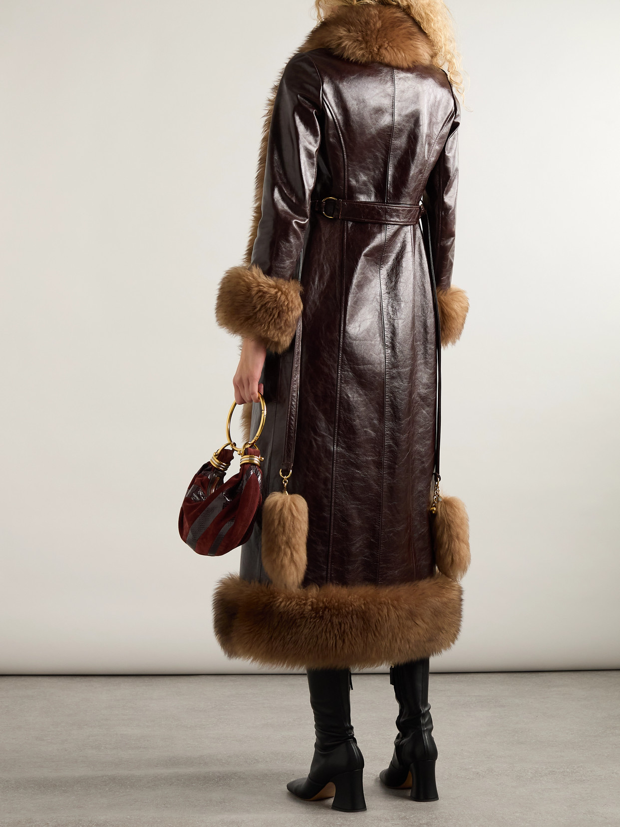 Chloé Lamb Shearling-trim Shiny Leather Long Coat In Brown