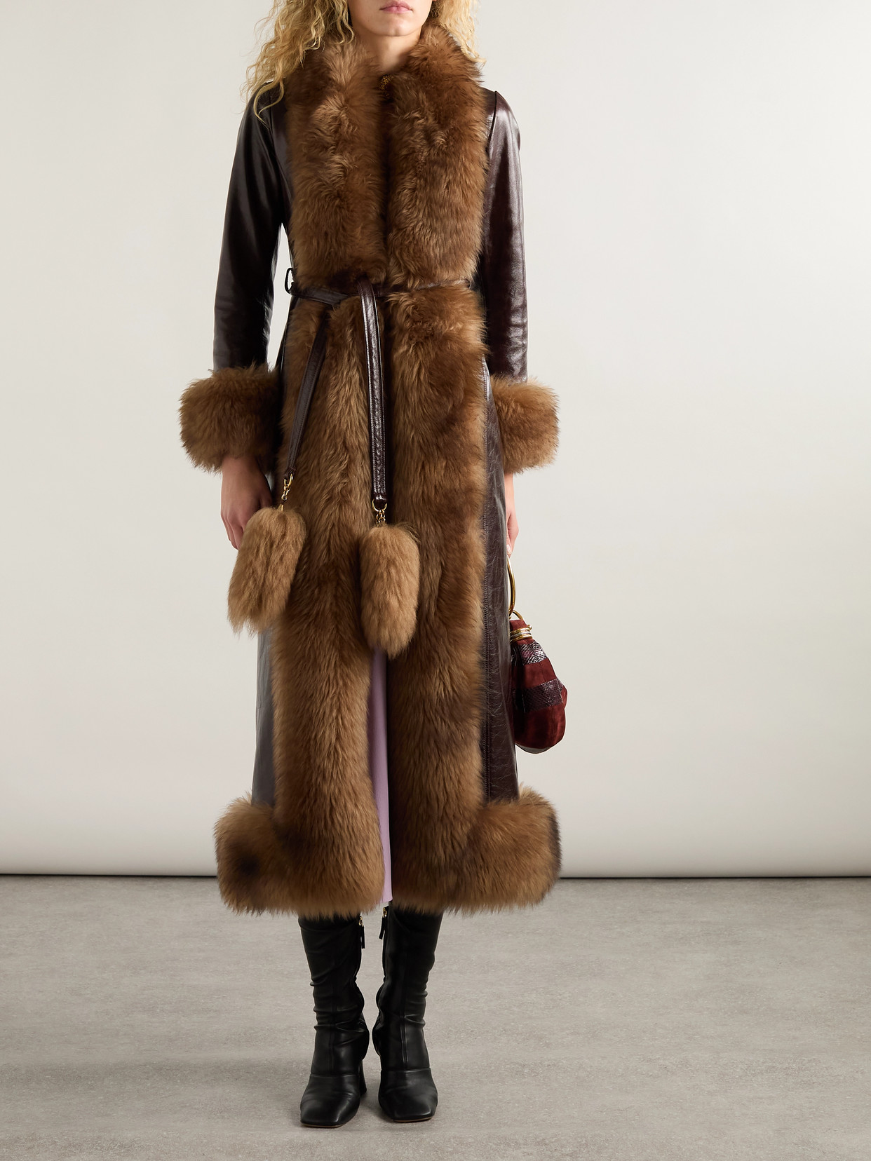 Chloé Lamb Shearling-trim Shiny Leather Long Coat In Brown